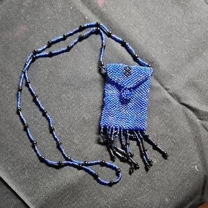 Beaded Blue and Black Necklace Pouch